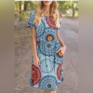DB Moon Blue Multicolor Mandala Pattern Boho Short Sleeve Dress/Size L